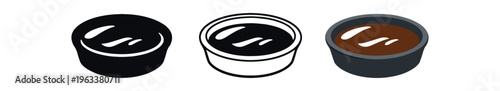Three bowl icons containing a dark smooth sauce shown as solid black, outline, and colored realistic version — made for food labels, sushi menus, and condiment icon sets.