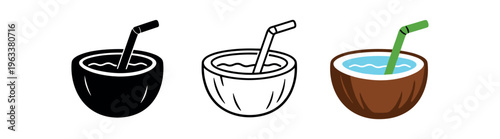 Three icon styles of a halved coconut filled with a blue drink and a green straw — shown as solid, outline, and full-color flat vector illustrations ideal for tropical menus, travel guides, and apps.