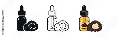 Three versions (silhouette, outline, colored) of a small dropper bottle paired with truffle pieces, suggesting truffle oil or extract for product labels and food icons.