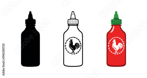 Three icon styles (silhouette, outline, colored) of a tall squeeze bottle of red hot chili sauce with a rooster emblem, suited for labels, menus, and ui icons.