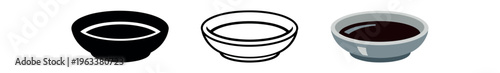 A row of three shallow round dipping bowls shown as a solid black icon, a line outline, and a colored flat icon holding dark soy-style sauce — useful for food menus, app icons, or packaging labels.