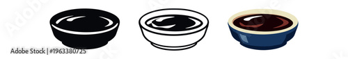 Three simple small round bowls shown as silhouette, outline, and colored versions holding dark soy or dipping sauce, suitable for ui icons, menus, and package art.