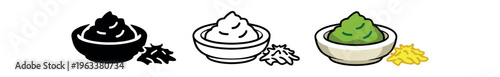 Three simple bowl icons showing a green wasabi paste, a white paste, and a bowl outline with small ginger pieces, designed as menu or label icons.
