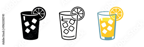 Three short glass icons showing an iced lemon drink with ice cubes and a lemon wheel — shown as black silhouette, black outline, and yellow colored version for menus and ui.