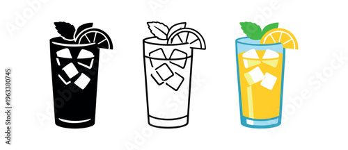 Three tall glass icons of a cold lemon and mint drink with ice cubes, lemon wedge and mint leaves — shown in silhouette, outline, and colored versions for menu, label, or app use.