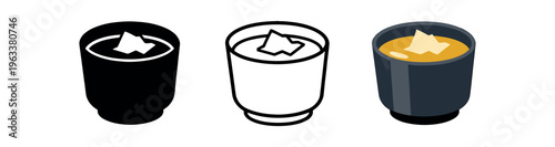 Three flat icon styles of a miso soup bowl topped with tofu and garnish — solid silhouette, line art, and colored version suitable for menu icons, recipe cards, or food displays.