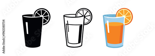 Three icon styles of a tall glass filled with orange juice and a round orange slice on the rim — solid silhouette, line outline, and full-color flat vector 
