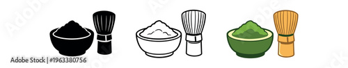 Three flat icon styles showing a matcha bowl of green tea powder and a bamboo whisk (chasen) — solid, outline, and colored versions for cafe menus, packaging, or recipe apps.