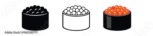 Three flat icons of ikura gunkan sushi (seaweed wrap filled with bright salmon roe) shown as solid, outline, and colored versions for menu and packaging.
