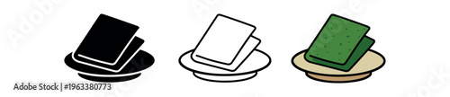 Three flat icons of rectangular nori seaweed sheets on a plate (solid, outline, and colored) suitable for sushi preparation, snacks, or japanese side dishes.