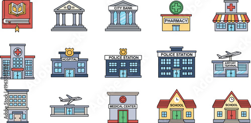 Vector illustration of fifteen colorful icons showing city bank, pharmacy, hospital, police station, airport, medical center, school, courthouse, and office buildings.