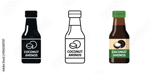 Three simple bottle icons labeled "coconut aminos" shown as solid, outline, and full-color versions—designed as food condiment icons for labels, menus, or ui.