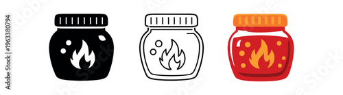 Three jars with a flame symbol indicating heat — solid black, outline, and red-orange colored chili jam or hot sauce icons for labels and packaging.