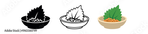 Three bowl icons showing a small mound of rice or salad with a large shiso/perilla leaf on top in solid, outline, and colored styles for food apps, menus, or labels.