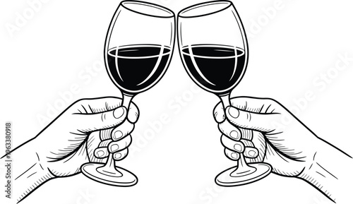 Black and white of two hands clinking glasses of red wine in celebration
