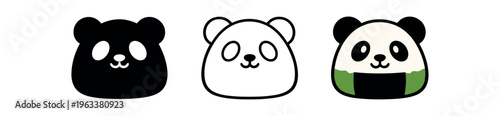 Three variations (solid, outline, colored) of a panda-shaped onigiri rice ball with seaweed belly, designed as a cute food icon for apps, stickers, or kid-focused menus.