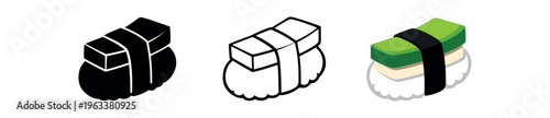 Three nigiri sushi icons showing a solid black nigiri, an outline version, and a colored nigiri with white rice, green rectangular topping and nori strip for menus or food apps.