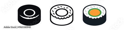 Three simplified maki sushi icons: solid silhouette, black outline, and colored flat version showing rice, seaweed wrap, and central filling — ideal for food apps, menus, or sticker sets.