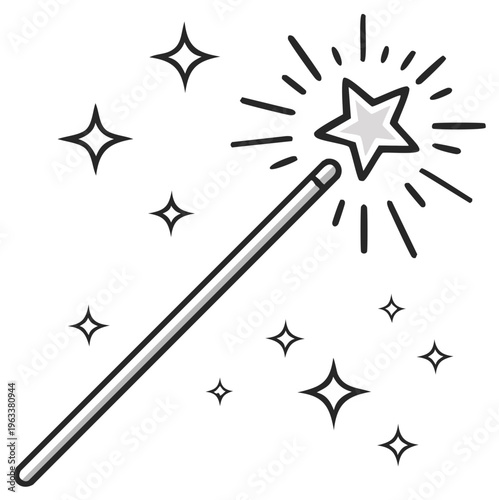 Whimsical magic wand with sparkling stars emitting light rays for fantasy and enchantment
