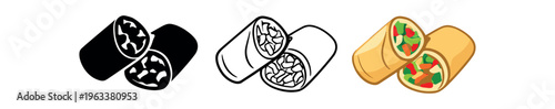 Three stylized burrito icons: solid, outline, and colorful flat artwork showing a tortilla wrap cut in half to reveal vegetables and meat filling 