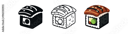 A square sushi piece topped with grilled eel or fish slice and a seaweed wrap around rice, shown in three icon styles 