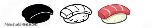 A classic nigiri sushi with a slice of tuna over rice, displayed in three icon styles — solid silhouette, black outline, and full-color illustration — ideal for menus, stickers, and food apps.