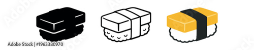 Three tamago nigiri icons showing sweet omelette on rice wrapped with nori in silhouette, outline, and full color styles — great for restaurant menus, recipe sites, and food apps.