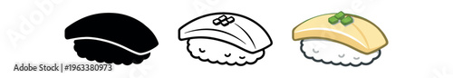 Three-style tamago (egg) nigiri sushi icons: solid silhouette, outline line art, and colored flat vector icon (egg omelette on rice with garnish).