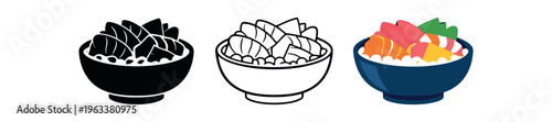 Three bowl icons showing rice topped with sliced sashimi and garnishes in black silhouette, line art, and full color versions — suitable for menus, apps, or food design.