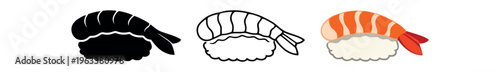 Three ebi (shrimp) nigiri icons showing a shrimp on rice in silhouette, line art, and full color versions — useful for sushi menus, labels, and mobile food apps.
