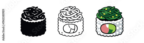 A gunkan-style sushi roll topped with green seaweed salad, presented in three icon styles — solid silhouette, black outline, and full-color detailed illustration 