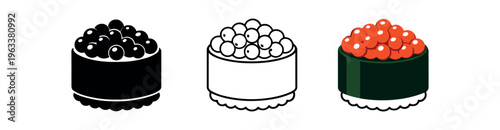 Three ikura gunkan icons in black, outline, and full color versions for food menus, labels, or app interfaces.