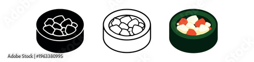 A small round bowl holding sushi roe or fish eggs, presented in three icon styles — solid silhouette, black outline, and full-color illustration — suitable for restaurant menus and food apps.