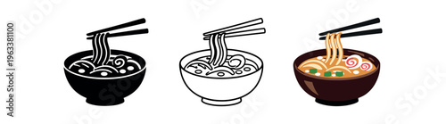 Three stylized ramen icons showing noodles being lifted with chopsticks, including black silhouette, line art, and full color versions for food design use.