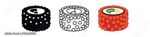 Three icons of a roe-covered sushi roll (fish eggs on rice) in solid, outline, and colorful versions for sushi menus, apps, and branding.