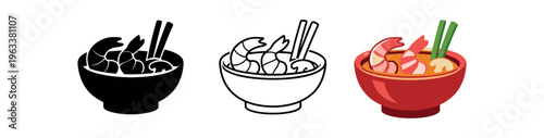 A set of three shrimp noodle bowl icons in solid, outline, and colored styles showing prawns, noodles, and green garnish for seafood or noodle shop graphics.