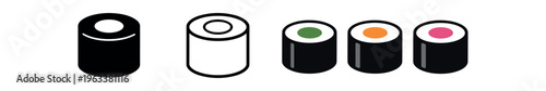 Row of small maki rolls showing solid, outline, and colored styles with different center fillings, suitable for food menus and ui icons.