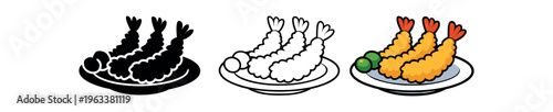 A trio of shrimp tempura shown as silhouette, outline, and colored versions on a plate with lime — designed as part of a food icon/illustration set.