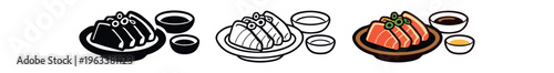 Three-style sashimi plate icons (solid, outline, colored) showing sliced salmon on a dish with small dipping bowls and garnish, suitable for menus, labels, and food apps.