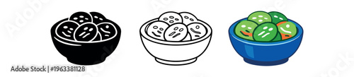 Three icon styles of a bowl filled with edamame pods and soybeans — silhouette, outline, and colored — made for food graphics and menus.