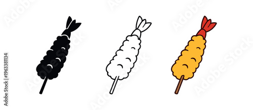 Three-style shrimp tempura skewer icons (solid, outline, colored) showing a breaded fried prawn on a stick, useful for menus, apps, or food design.
