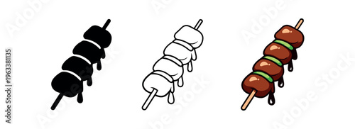 Three-style grilled meat skewer icons (solid, outline, colored) showing saucy round meat pieces on a wooden stick, ideal for food menus and ui graphics.