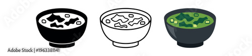 Three flat bowl icons showing miso soup with floating seaweed — black fill, outline, and full-color versions for menu, app, or recipe design.