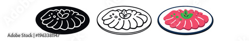Three-style tuna sashimi plate icons (solid, outline, colored) showing circular slices of raw pink fish with a green garnish, great for menu illustrations and food branding.