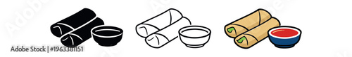 Three icons of rolled spring rolls and a dipping bowl — solid, outline, and full-color versions for menus, recipe cards, or app use.
