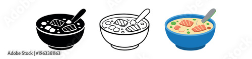 Three versions of a soup bowl with spoon and toppings—solid, outline, and full-color—made for use in restaurant menus, recipe apps, or food illustrations.