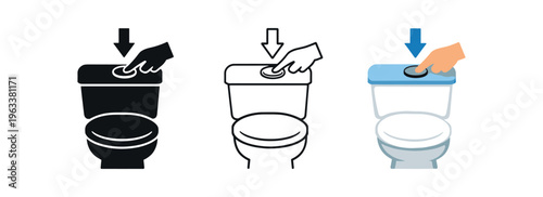 Three simple toilet icons showing a finger pressing a flush button on a cistern, with a down arrow to indicate push action for flushing after use.
