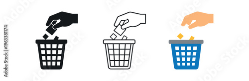 Three bin icons showing a hand dropping small pieces of trash into a wire-mesh or open-top bin to encourage throwing litter in a bin.