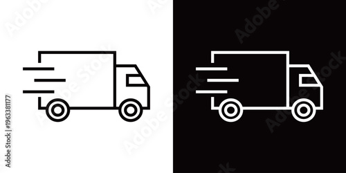 急行便トラックのアイコン。白い線と黒い線のモノクロベクターイラスト