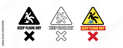 Three versions of a wet floor warning icon — solid, outline, and colored — showing a person slipping inside a triangle, the text keep floor dry, and a cross mark
